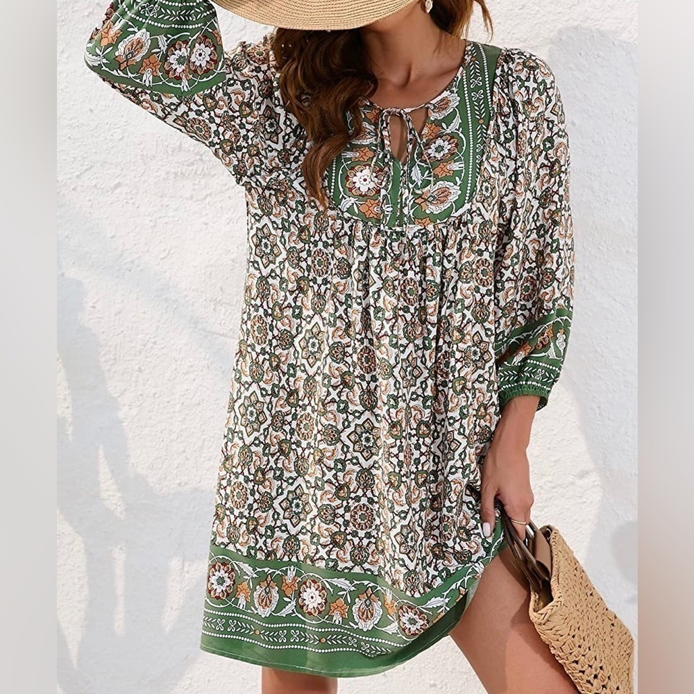 Bluetime Boho Casual/Dressy 3/4 sleeve Pleated Yoke /V neck Dress Size Small New - Picture 4 of 16